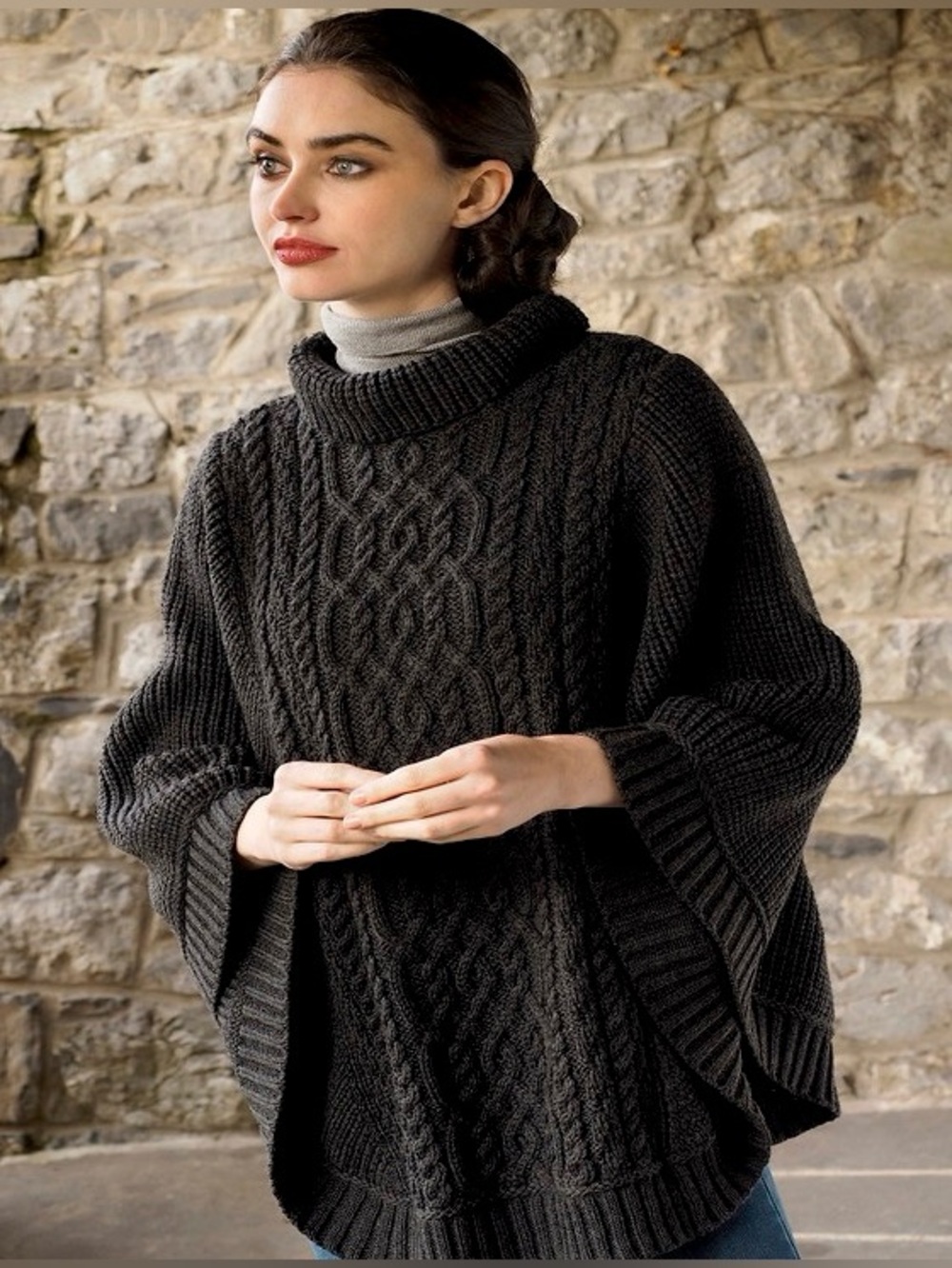 Aran Crafts 100% Merino Wool Cable Stitch Roll Neck Poncho Sweater Black Small